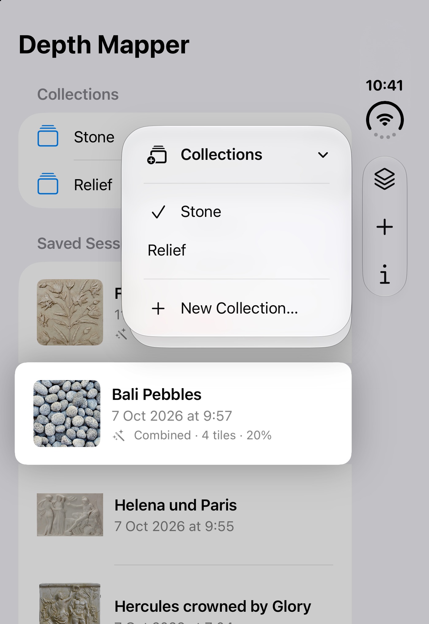 Depth Mapper on the folded iPhone Duo showing collections and saved sessions