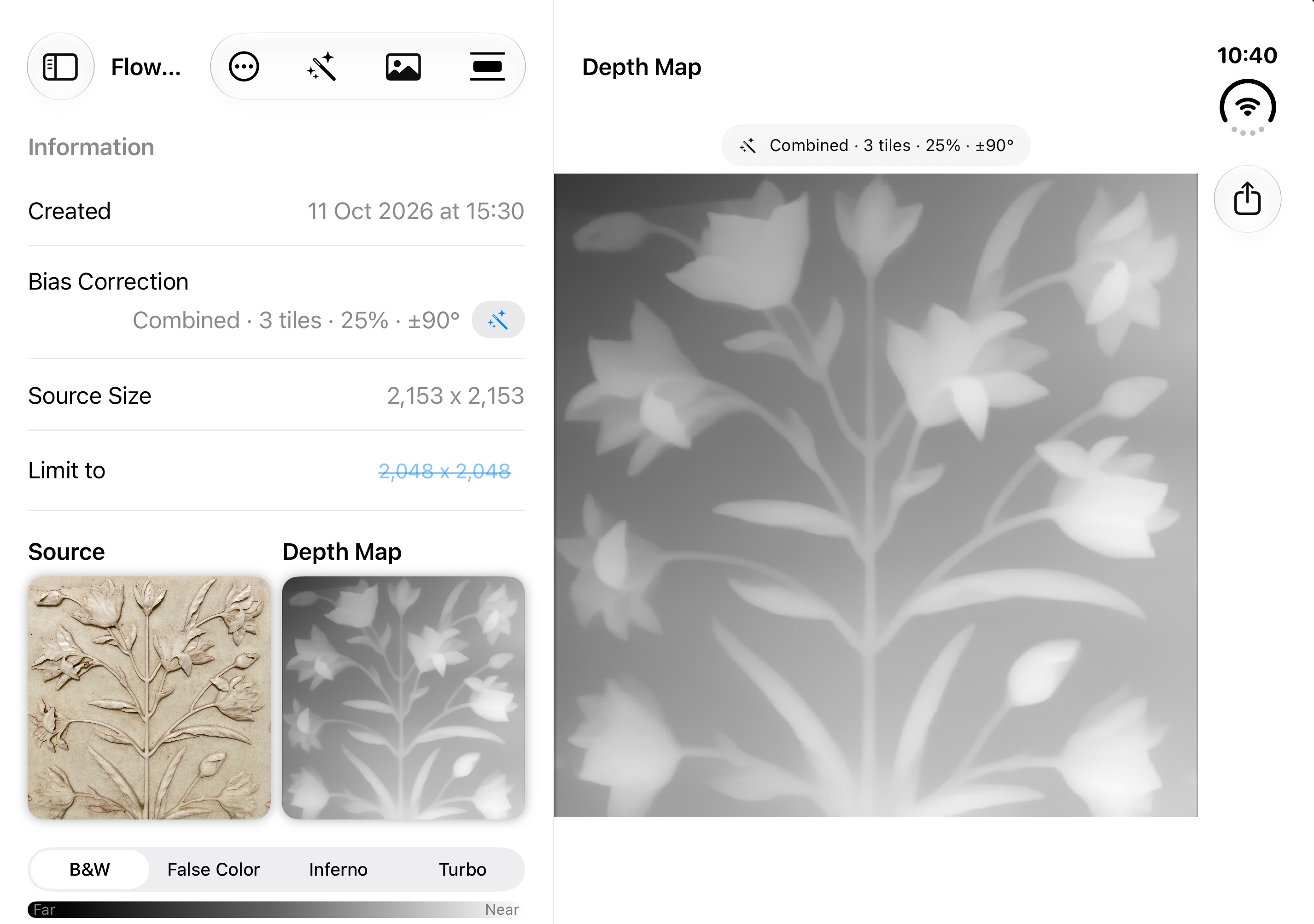 Depth Mapper on the unfolded iPhone Duo with information panel on the left and the full-size depth map of a flower relief on the right