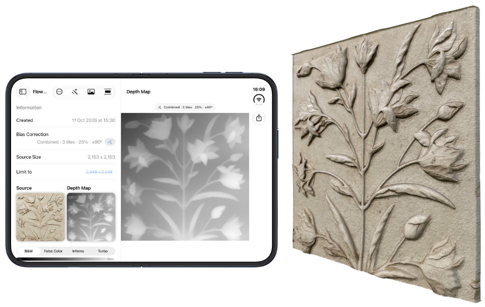 Depth Mapper on iPad showing the depth map of a stone relief with flowers, next to the resulting 3D relief