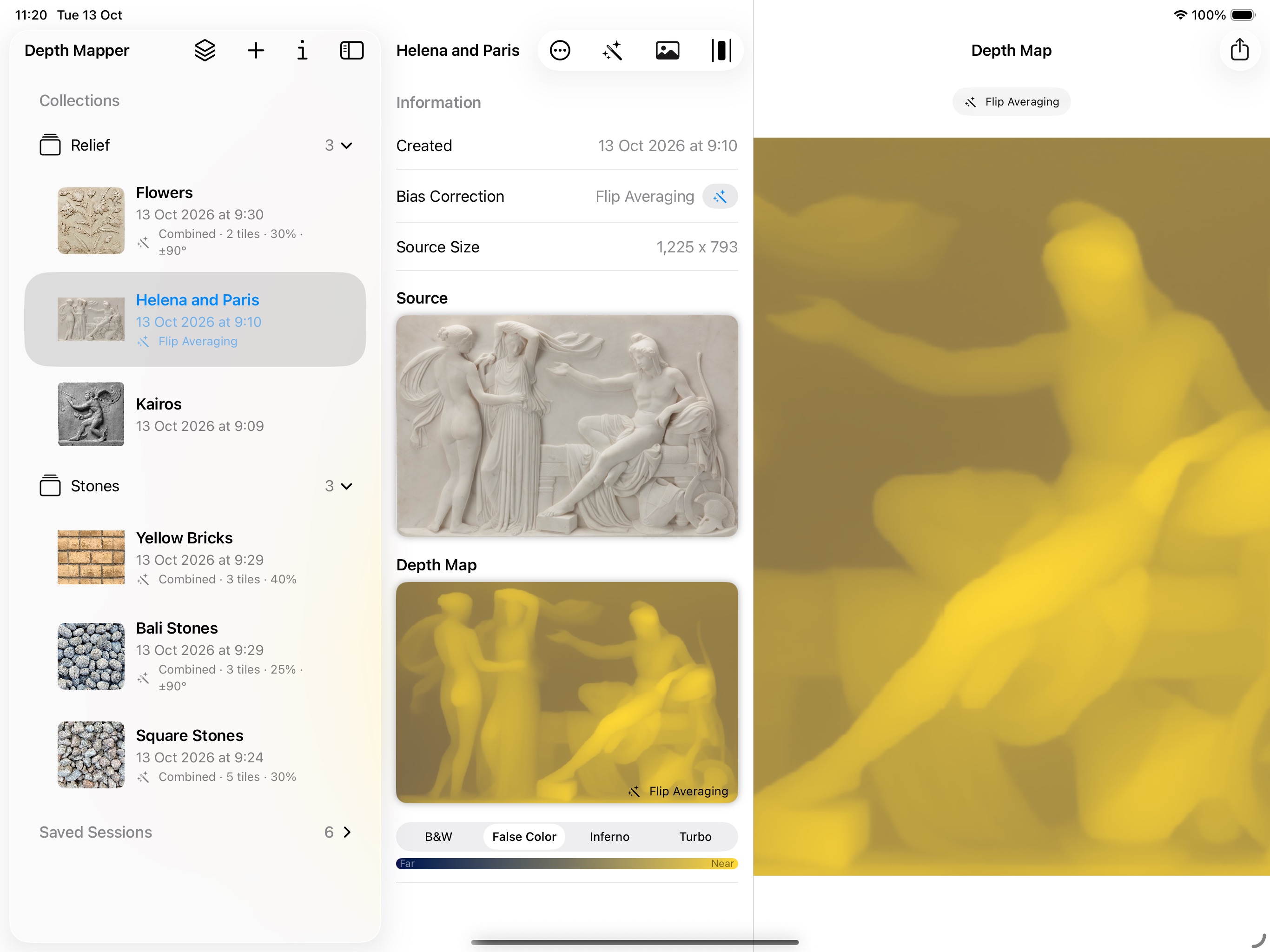 Depth Mapper on iPad with information panel and depth map