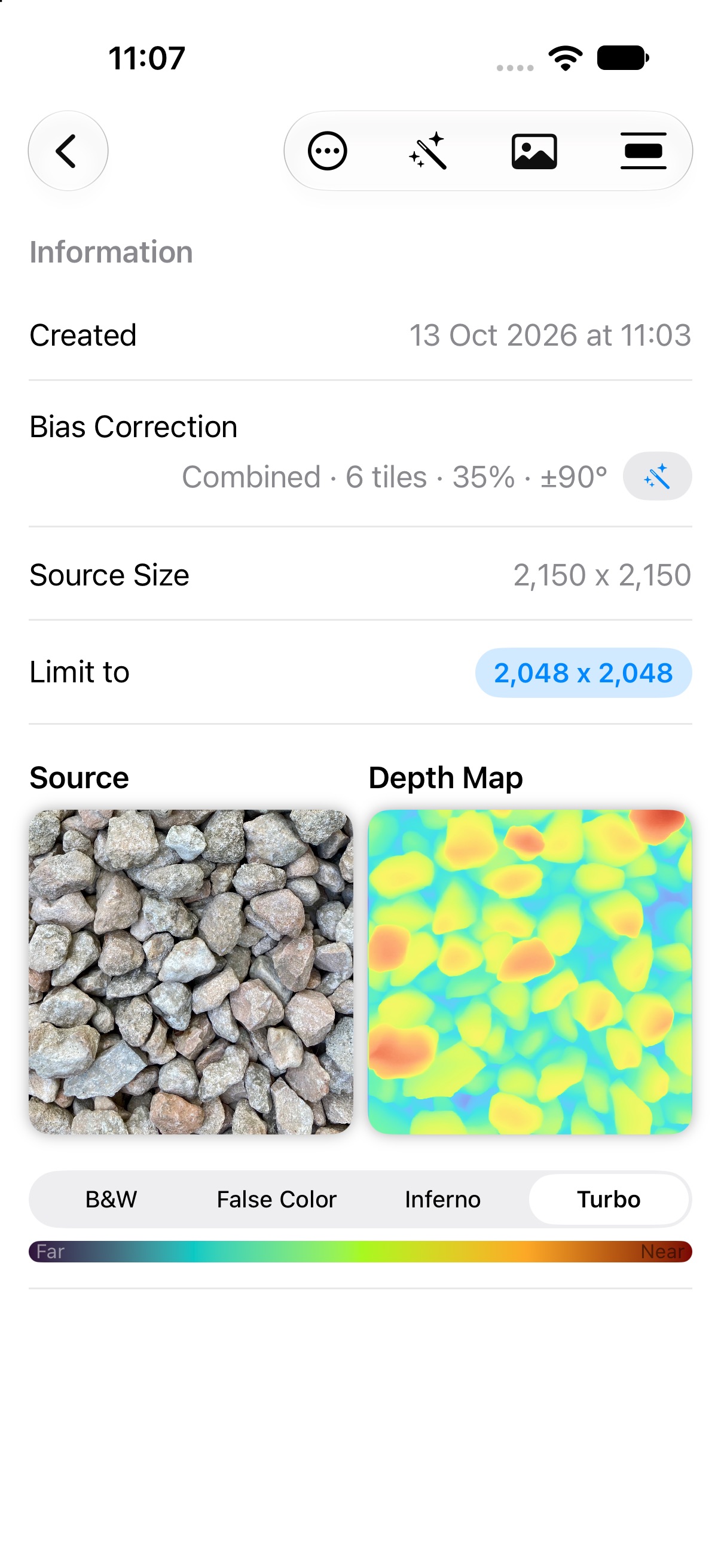 Depth Mapper on iPhone with Turbo color map of stones