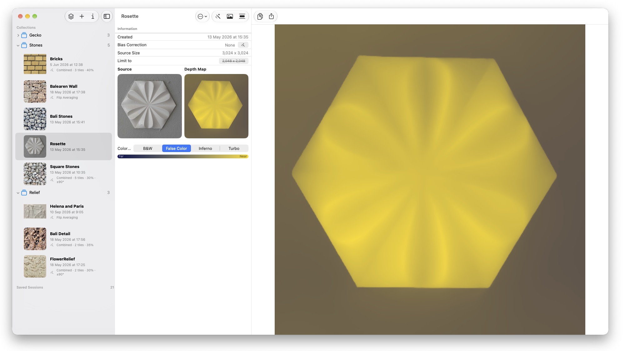 Bias correction dialog comparing the standard and the combined depth map of a brick wall