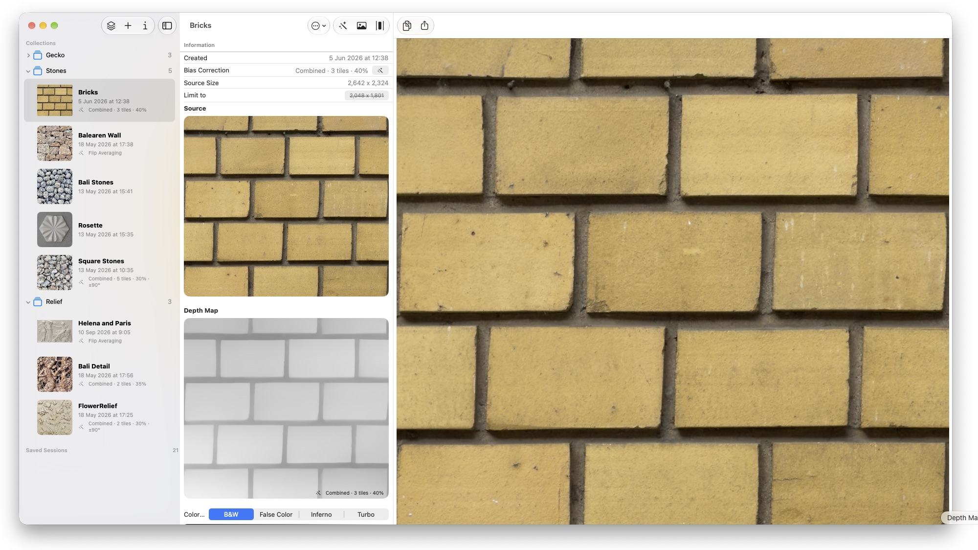 Depth Mapper on Mac with collections sidebar, source image and depth map