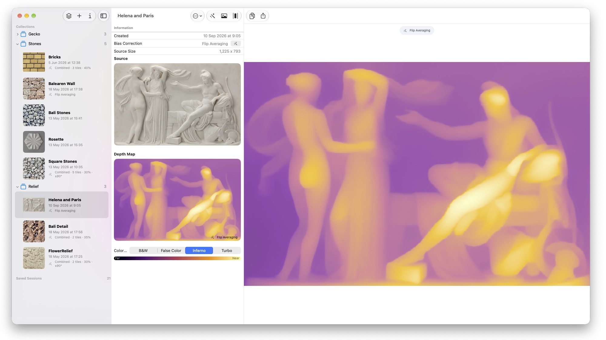 Depth Mapper on Mac showing a marble relief and its depth map in Inferno colors