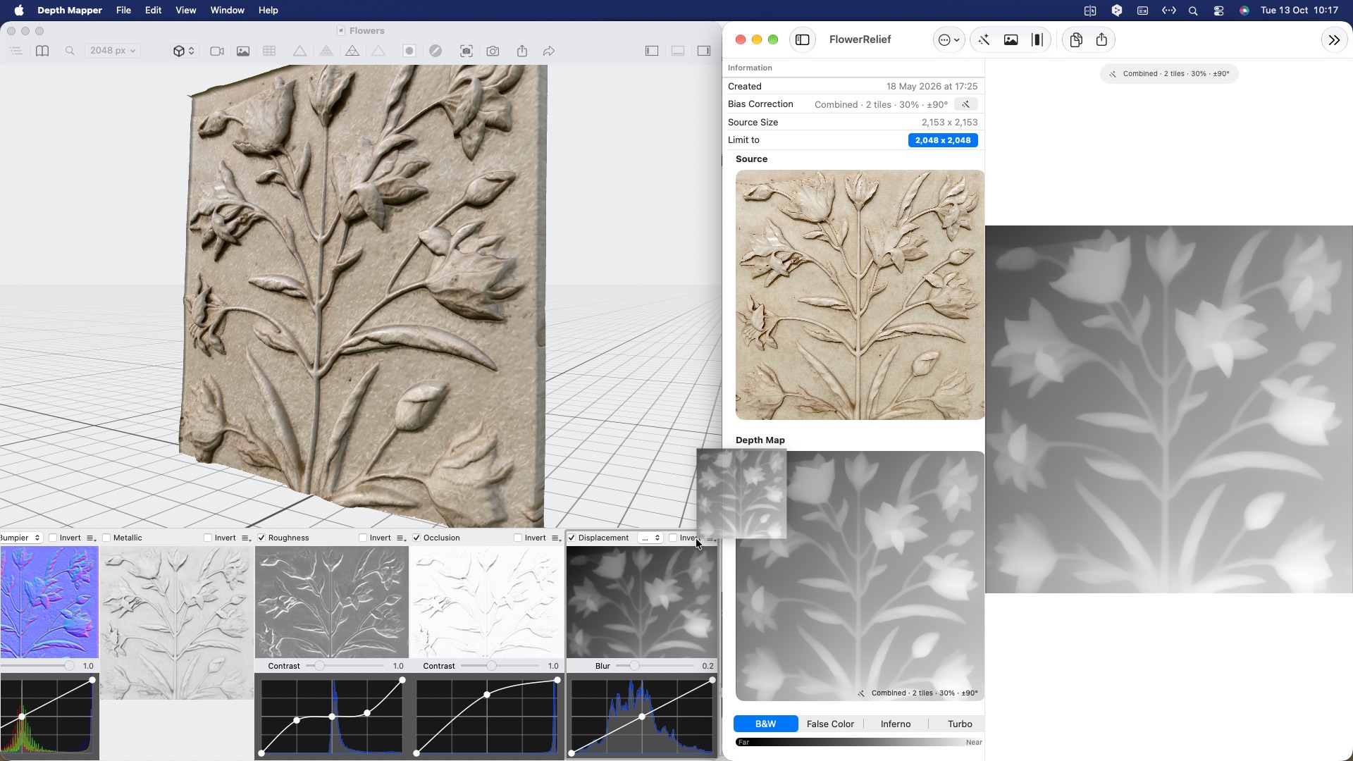 Depth Mapper next to a 3D material editor showing a stone relief with flowers
